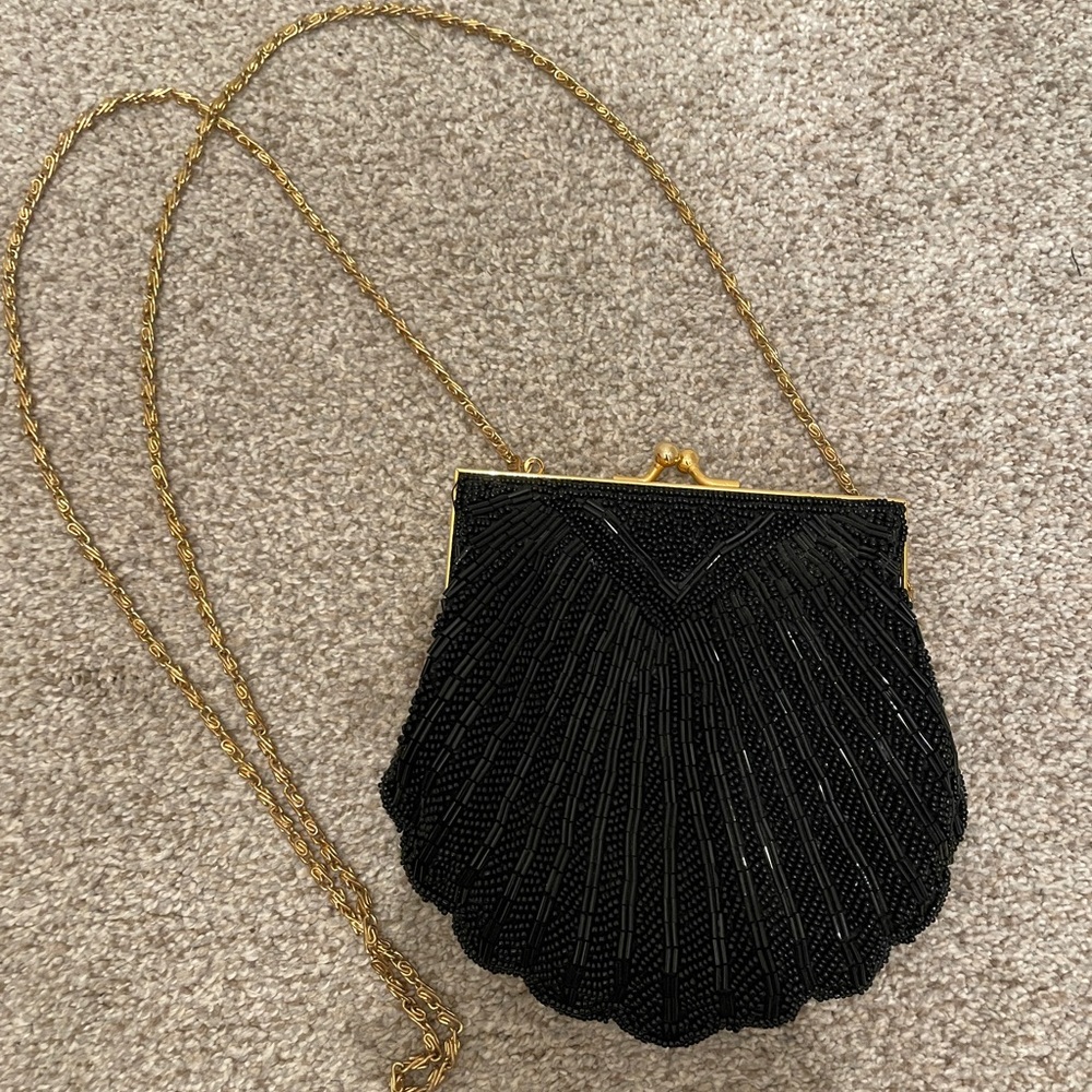 Valerie Stevens Black Beaded Clutch with Gold Chain